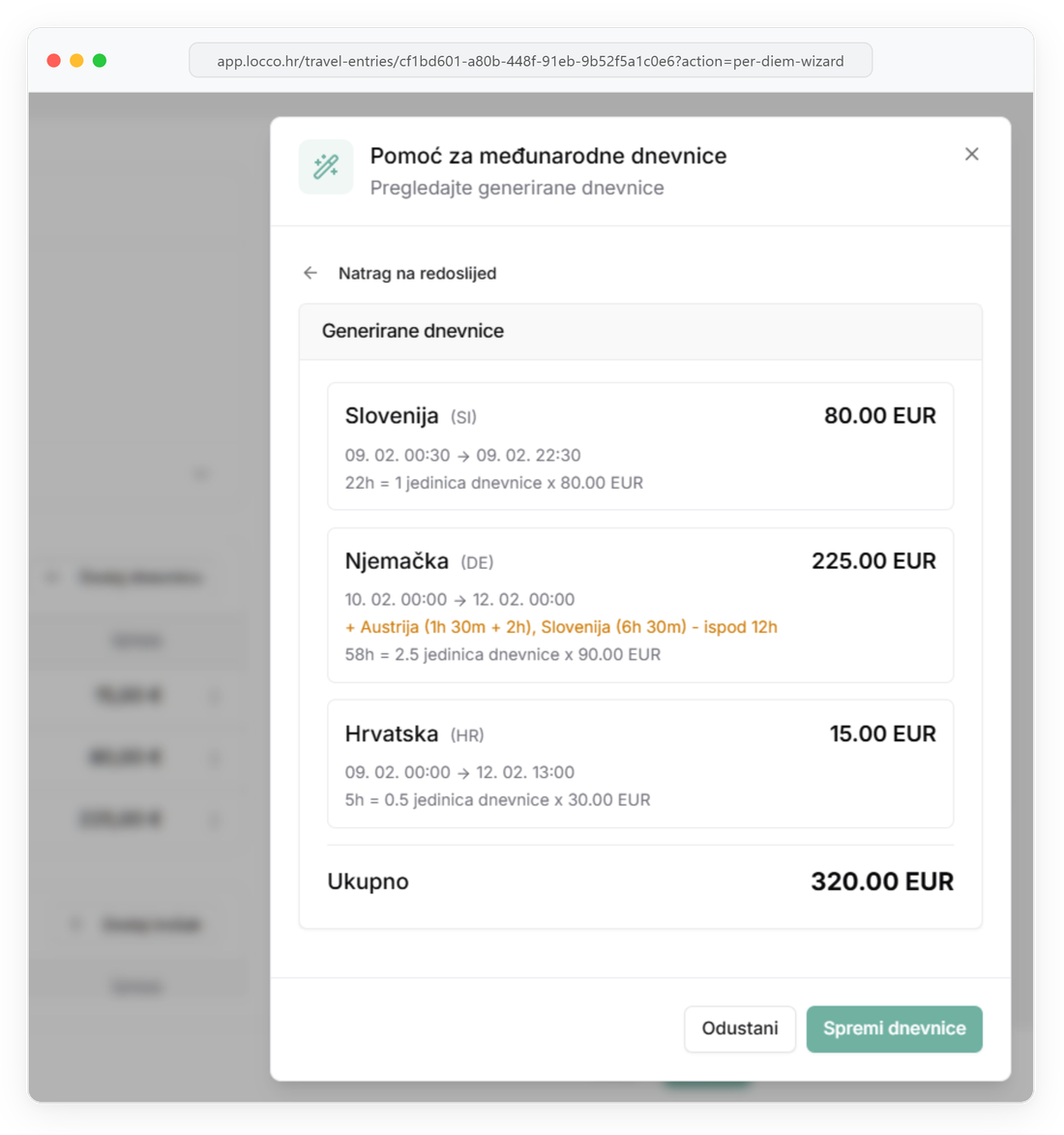 Pomoć za međunarodne dnevnice — obračun po državama