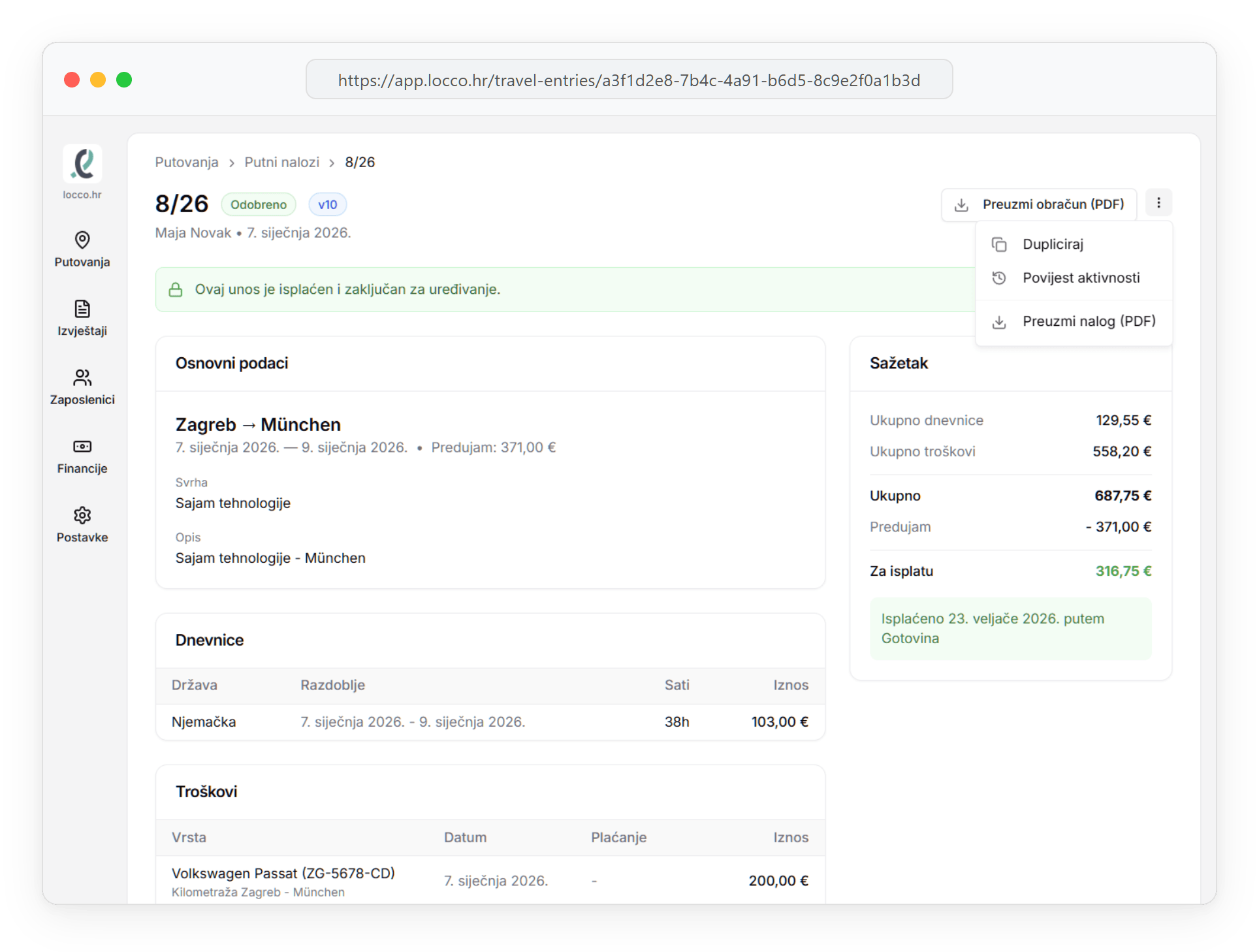 Preuzimanje PDF-a iz putnog naloga u loccu