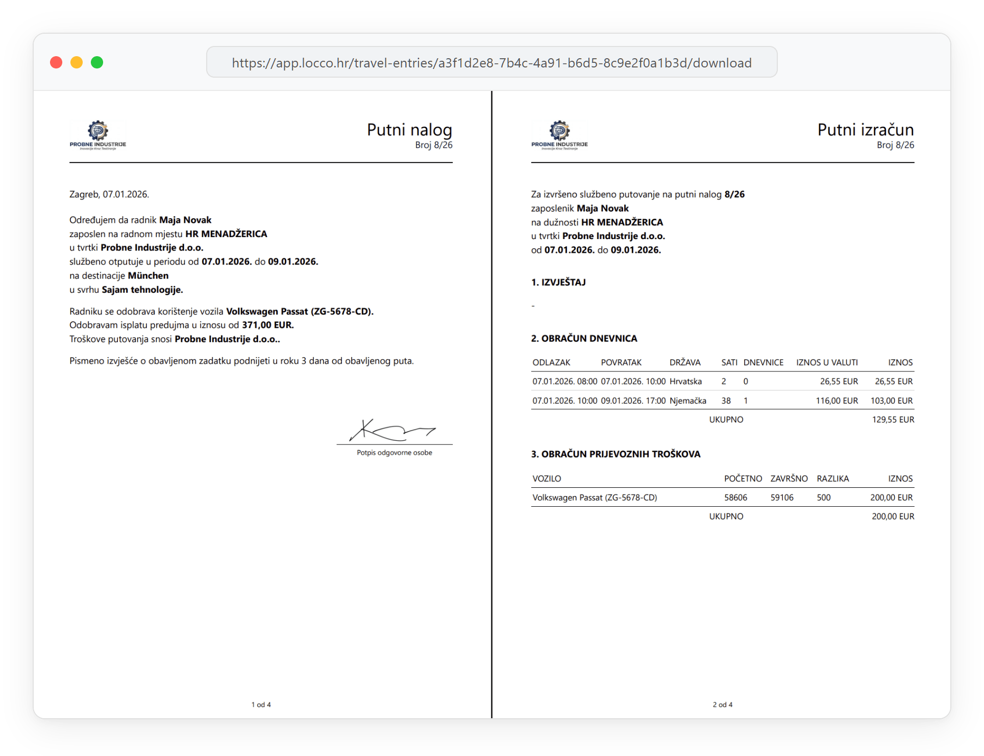Generirani PDF putnog naloga — nalog i obračun