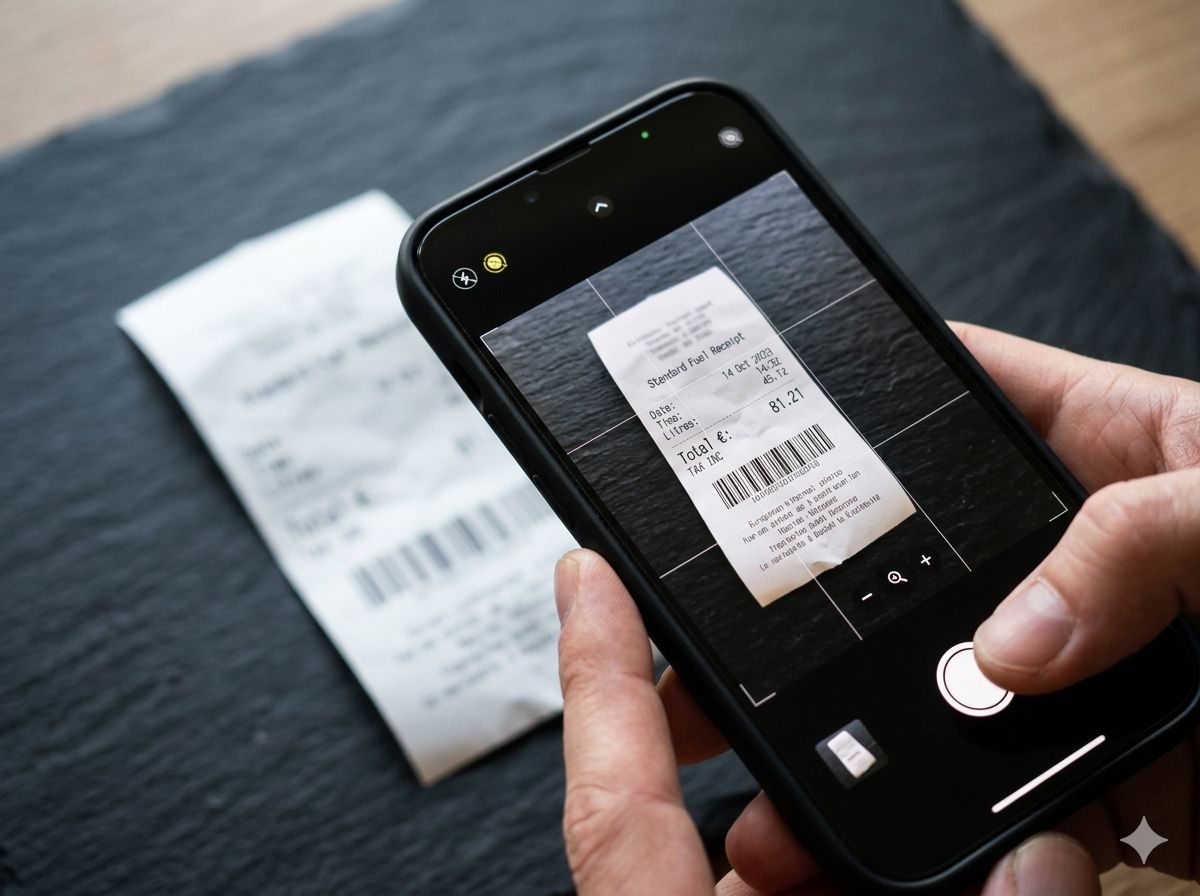 Zaposlenik fotografira račun mobilnim telefonom — digitalizacija putnih troškova na terenu