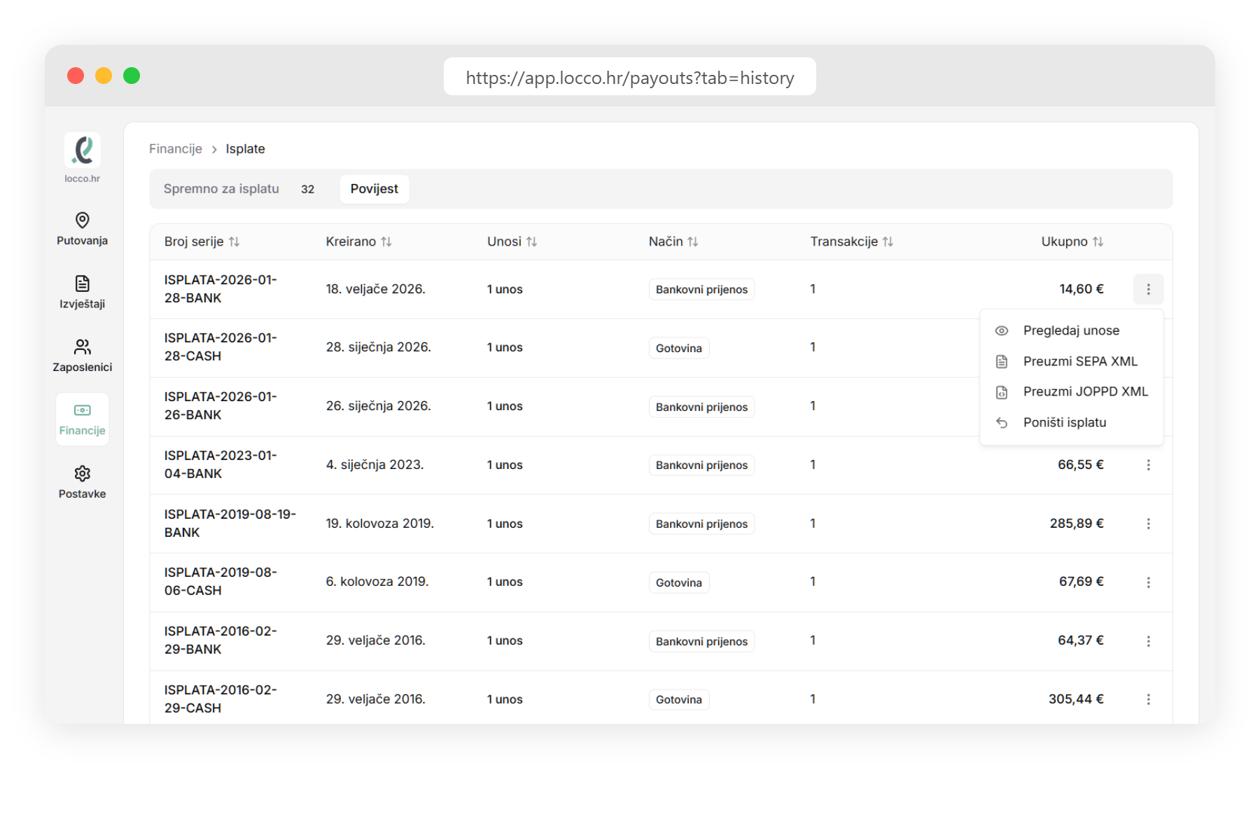 Kreirana isplata s pregledom transakcija